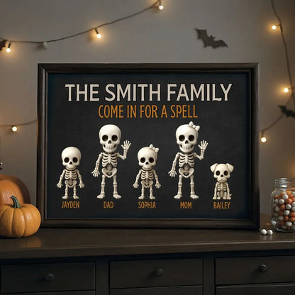 "Come In For A Spell" Personalized Skeleton Family Canvas / Poster - Custom Halloween Wall Art