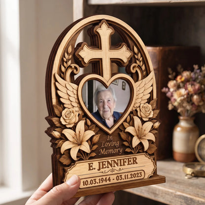 "In Loving Memory" Personalized Memorial Wooden Block - Custom Photo Cross Gift for Family