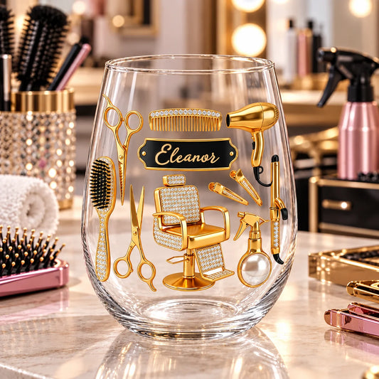 Golden Salon Tools Personalized Stemless Wine Glass - Gift for Hairdresser & Cosmetologist