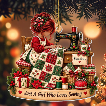 Just A Girl Who Loves Sewing Personalized Acrylic Ornament - Custom Quilter Gift for Mom