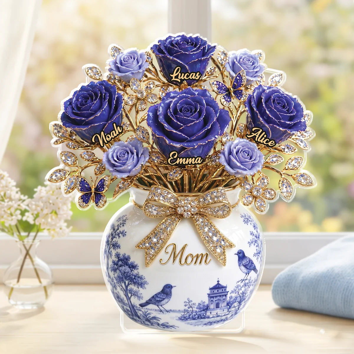 Blue Toile Floral Vase Personalized Acrylic Plaque - Custom Gift for Mom & Grandma