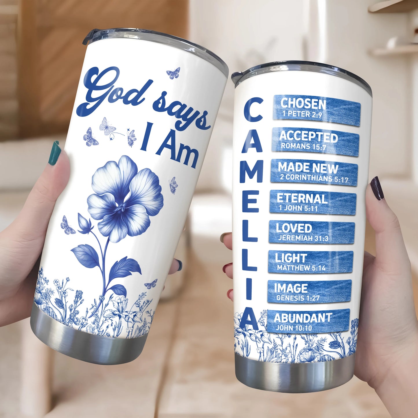 "God Says I Am" Personalized Tumbler - Floral Christian Bible Verse Name Cup