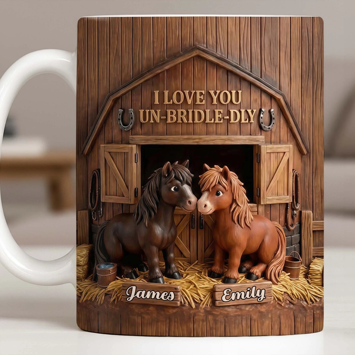 Personalized horse lovers mug with cute barn design and custom names for couples image 10