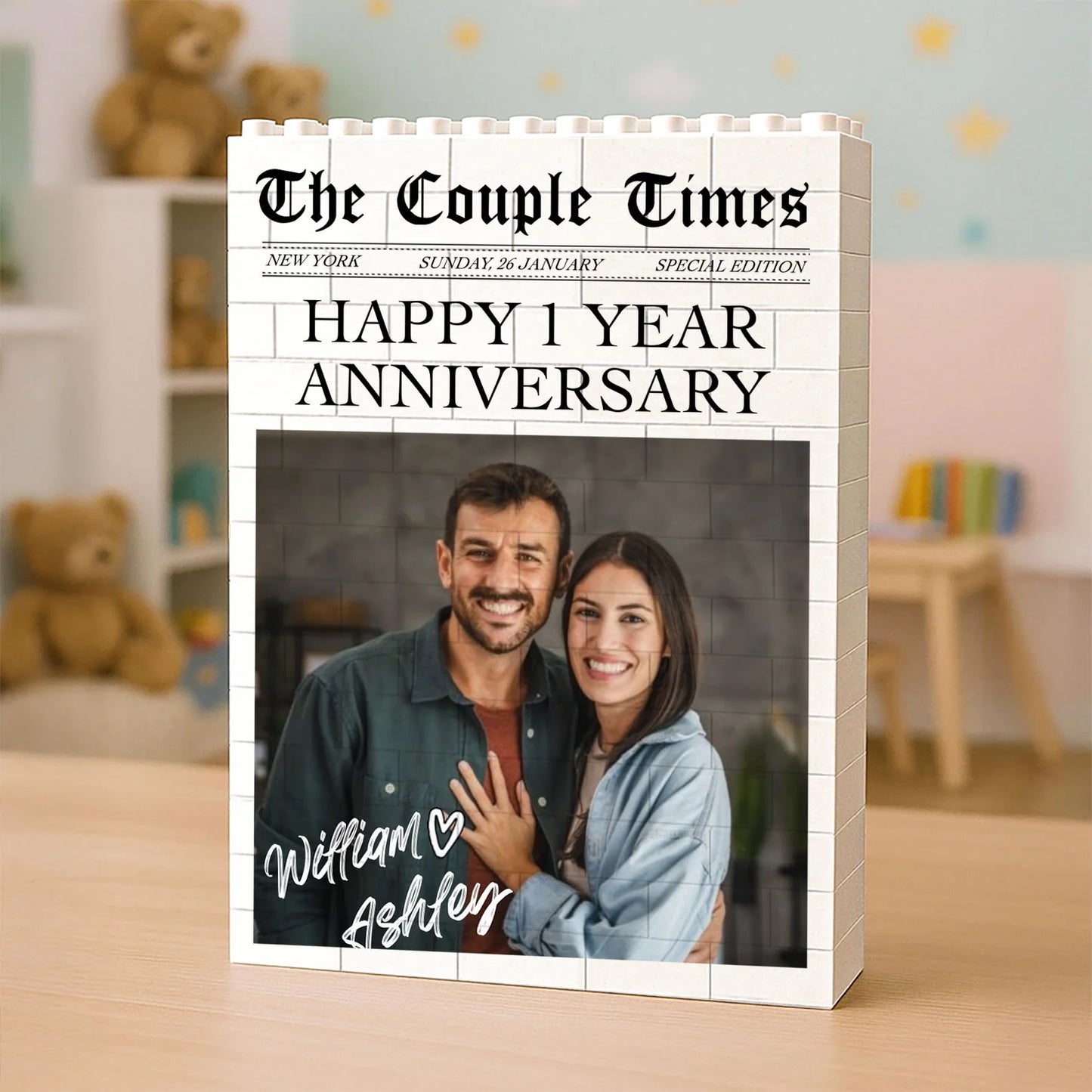 "The Couple Times" Custom Newspaper Photo Building Brick - Personalized Couple Anniversary Keepsake Gift