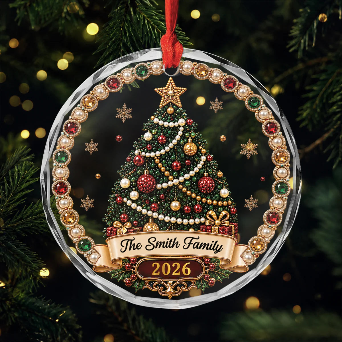 Jeweled Christmas Tree Personalized Family Name Glass Ornament - Custom Christmas Keepsake Gift for Family