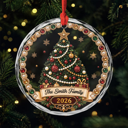 Jeweled Christmas Tree Personalized Family Name Glass Ornament - Custom Christmas Keepsake Gift for Family