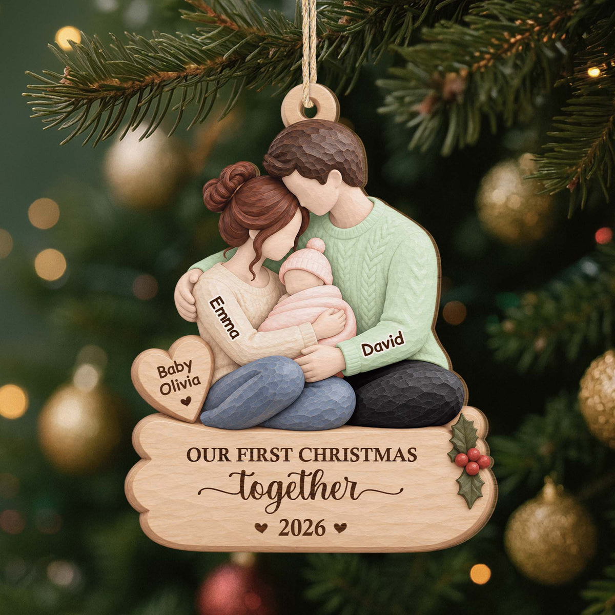 Our First Christmas as a Family of Three - Personalized Wooden Ornament for New Parents