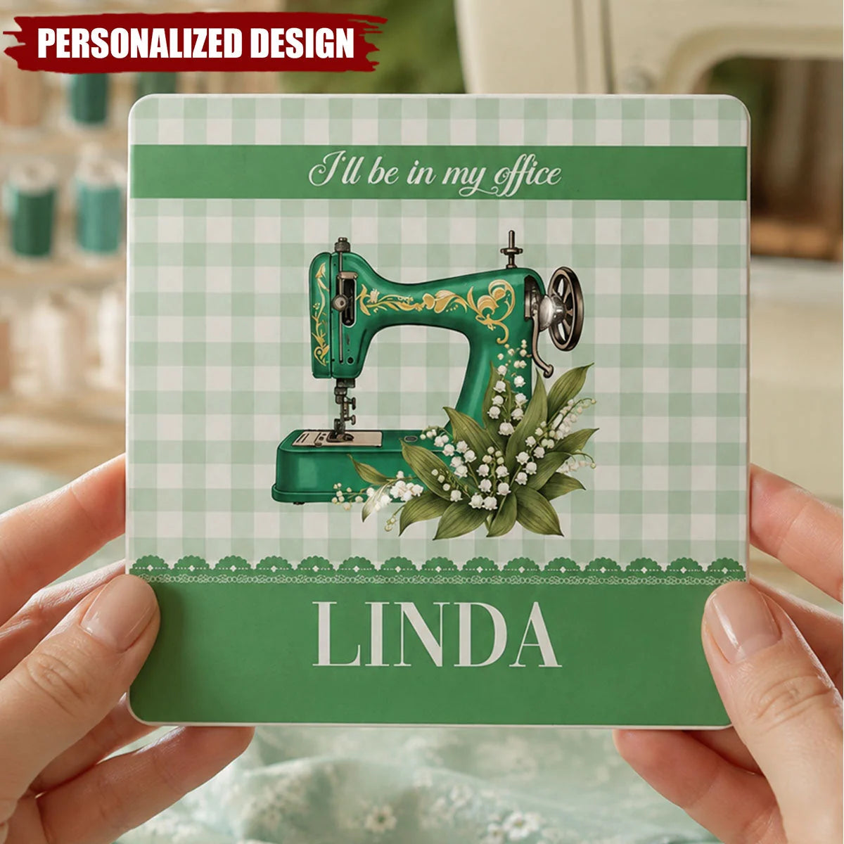 "Sewing Is My Therapy" Vintage Machine Quote Custom Ceramic Coaster - Personalized Gift for Quilters and Crafters