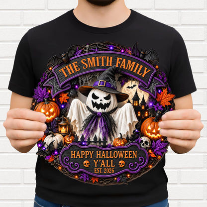 Happy Halloween Y'all Personalized Wood Sign - Custom Ghost Wreath Decor for Family