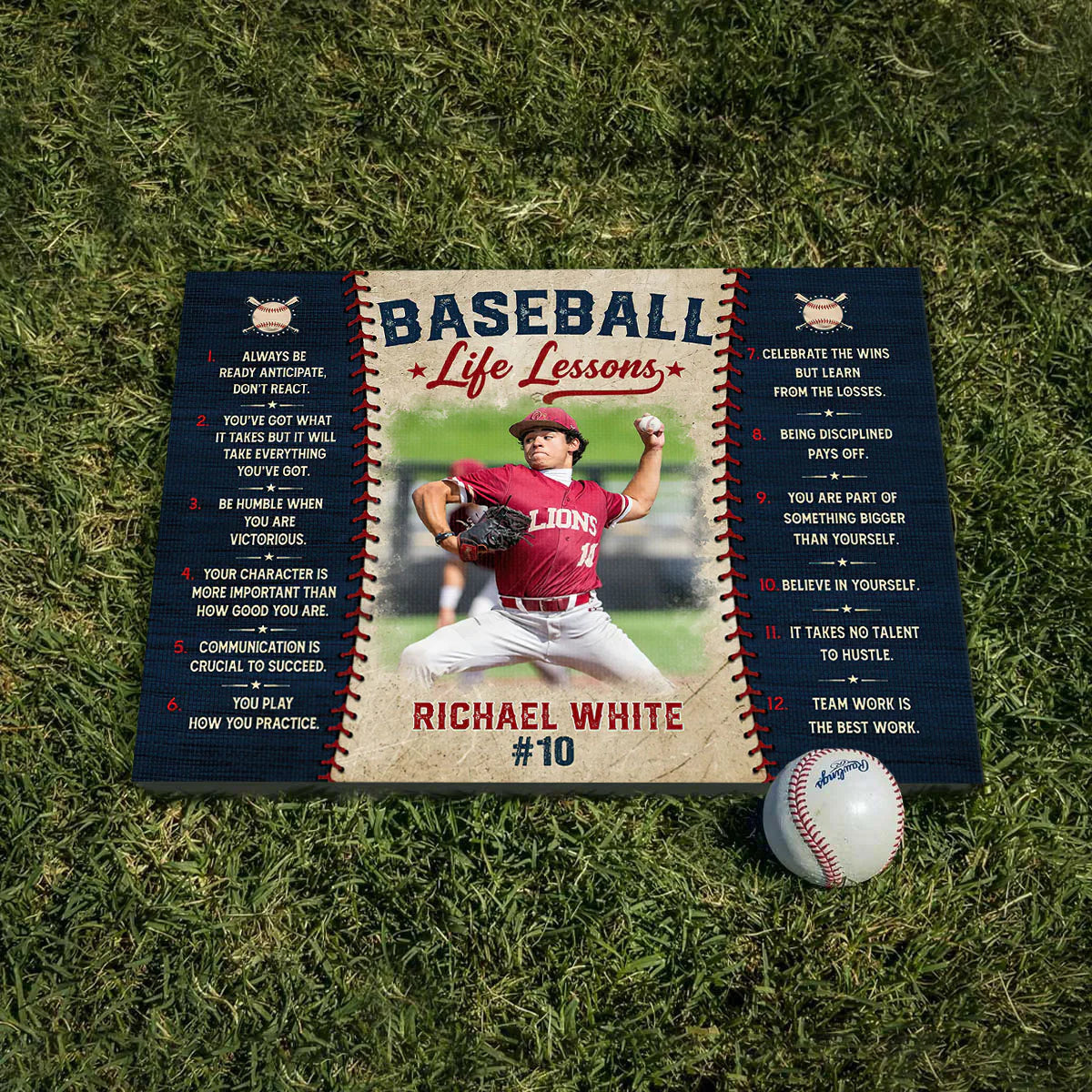 Personalized baseball life lessons canvas wall art print featuring custom player photo name and jersey number image 6