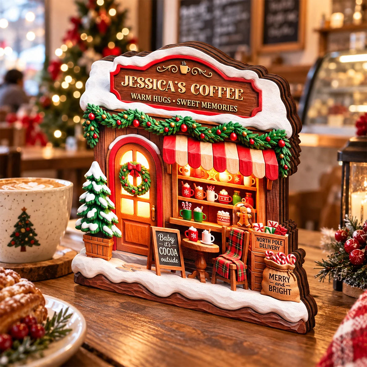 Warm Hugs Sweet Memories Coffee House - Custom Wooden Block for Family Christmas Decor