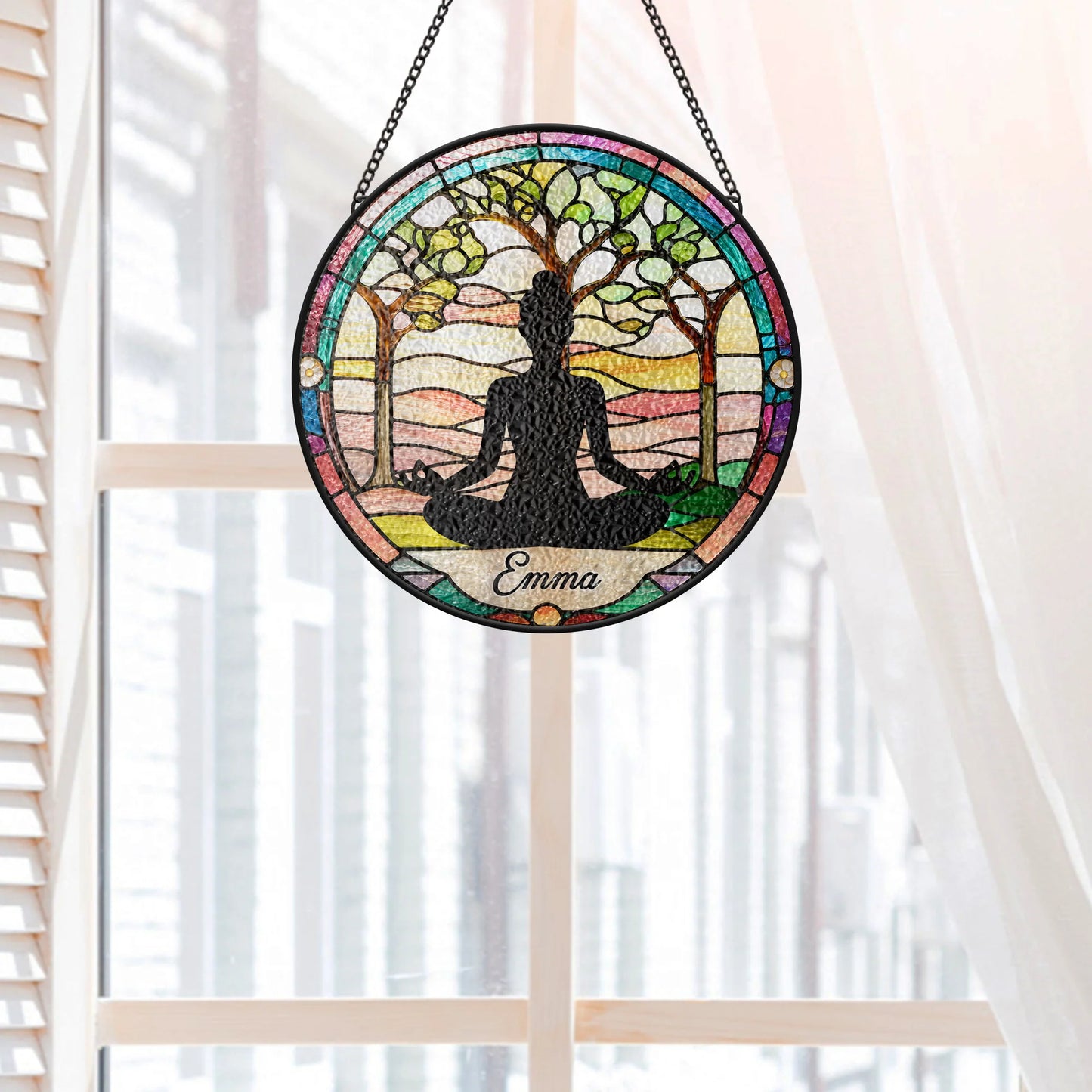 Zen Meditating Tree of Life Personalized Yoga Glass Suncatcher - Custom Gift for Yoga Lovers
