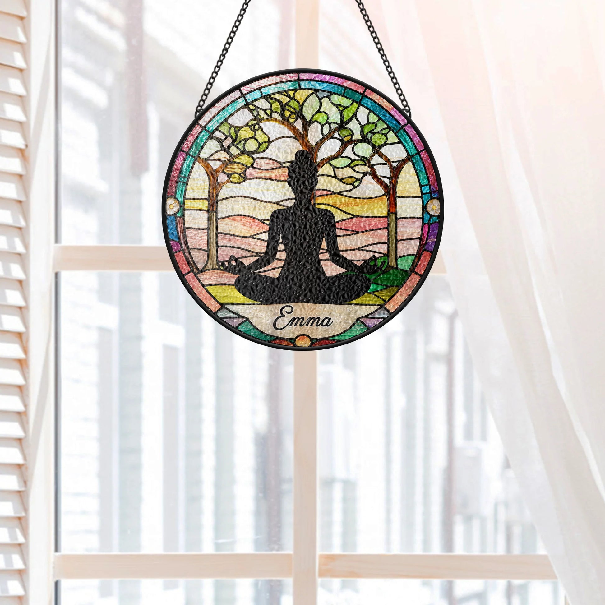 Zen Meditating Tree of Life Personalized Yoga Glass Suncatcher - Custom Gift for Yoga Lovers