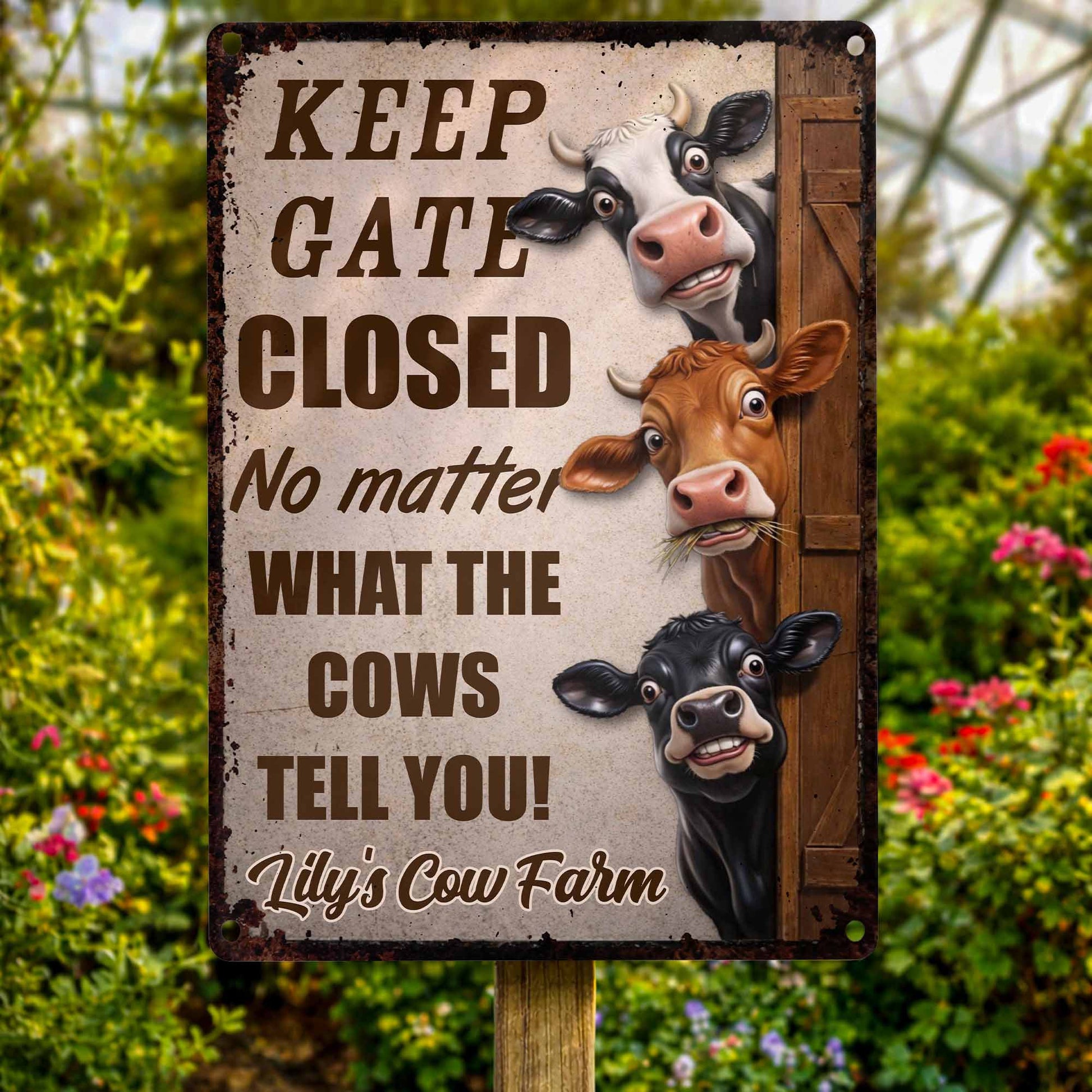 Personalized farm sign with funny cows and Keep Gate Closed text - custom metal decor for barn or yard image 6
