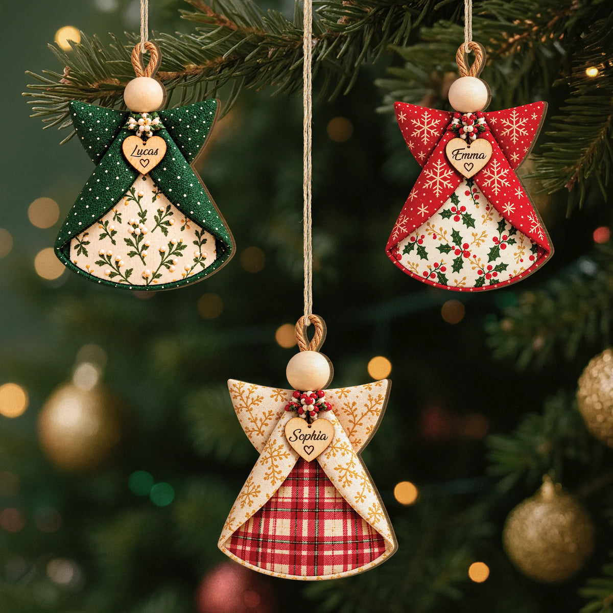 Rustic Plaid Angel Personalized Wooden Ornament - Custom Name Christmas Keepsake for Family