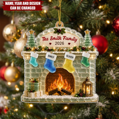 Fireplace Stockings Personalized Acrylic Ornament - Family Christmas Holiday Keepsake