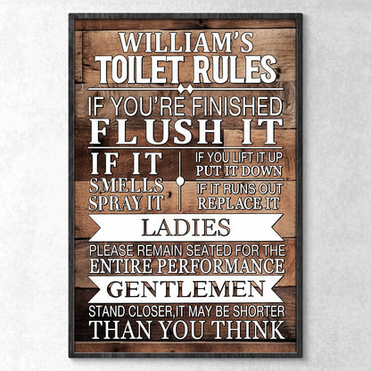 Toilet Rules Personalized Bathroom Poster / Canvas - Custom Funny Restroom Wall Art Gift for Housewarming