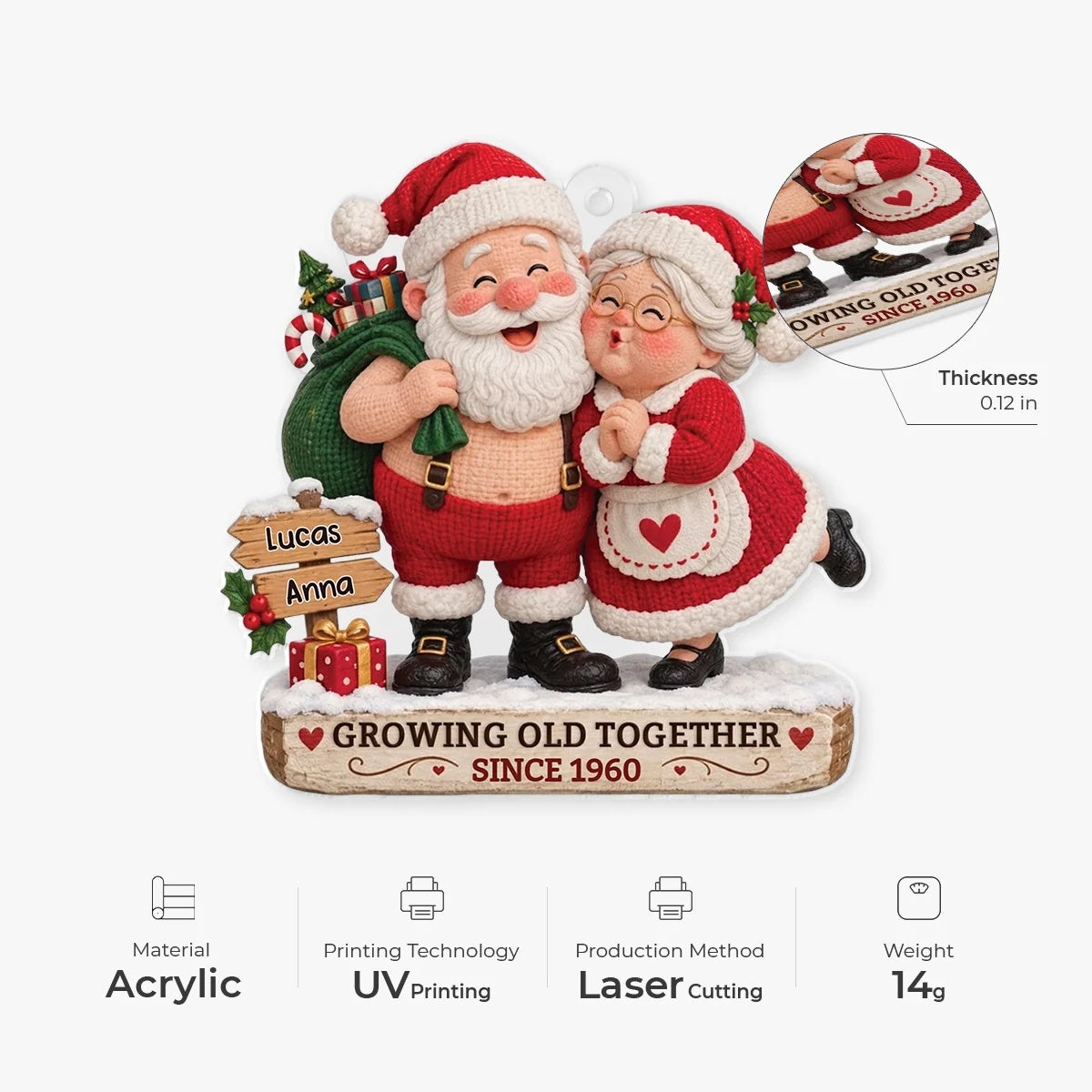 Growing Old Together Santa Couple Ornament - Personalized Acrylic Keepsake with Custom Names, Mr & Mrs Christmas Gift for Couples