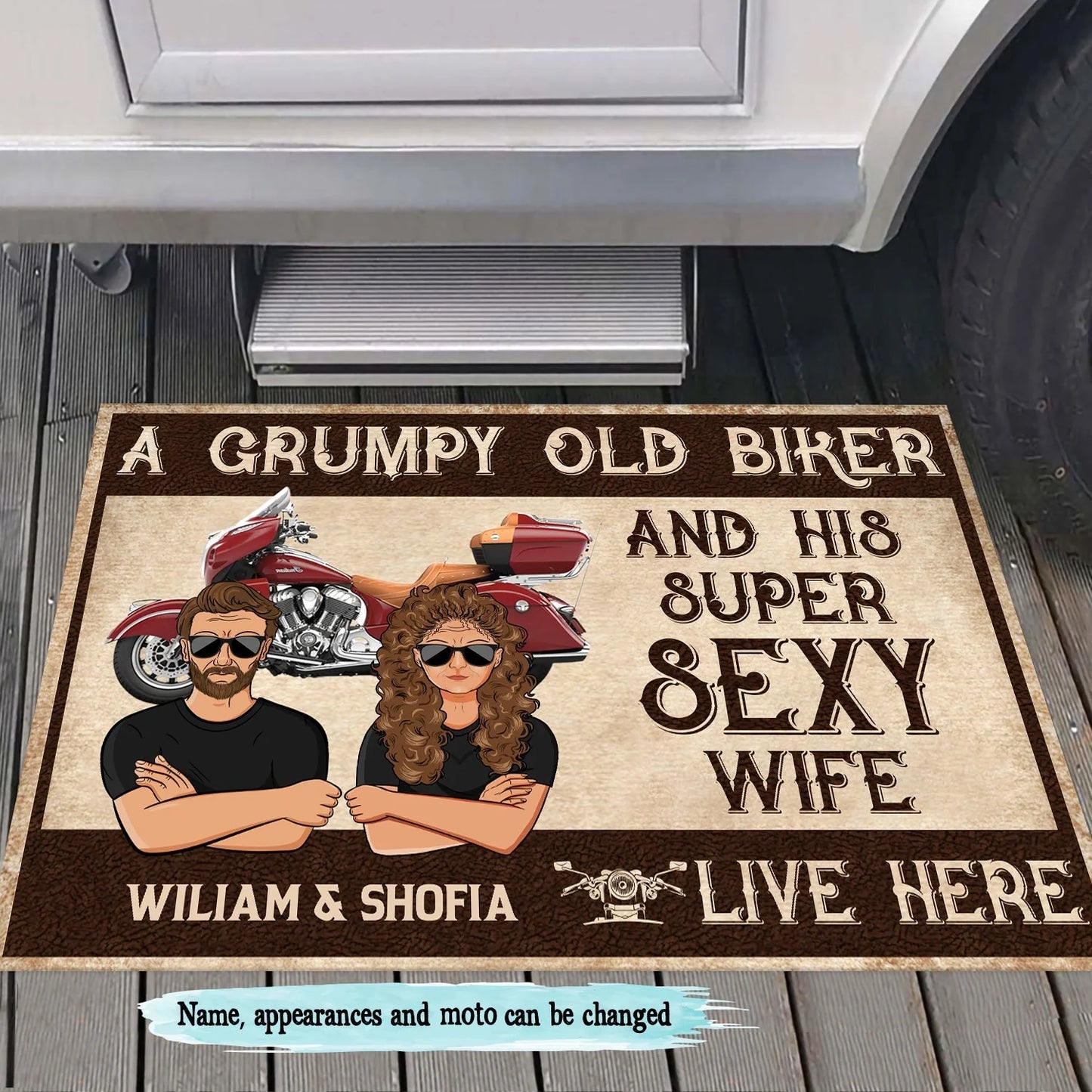 Personalized Biker Couple Doormat for Couples with personalized design details for meaningful gifting