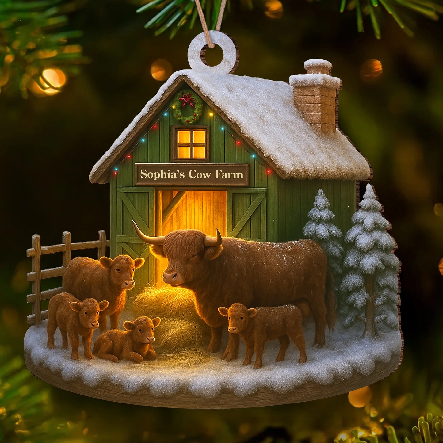 Custom Name Highland Cow Farm Wood Ornament - Personalized Farmhouse Christmas Tree Decoration and Holiday Keepsake Gift