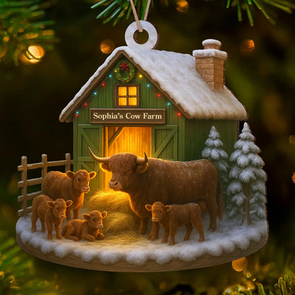 Custom Name Highland Cow Farm Wood Ornament - Personalized Farmhouse Christmas Tree Decoration and Holiday Keepsake Gift