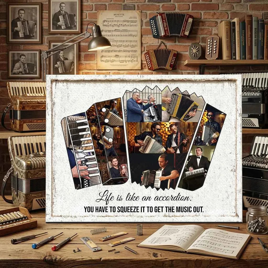 "Life Is Like An Accordion" Personalized Accordion Music Photo Collage Canvas / Poster - Custom Gift For Accordionist Music Studio Decor