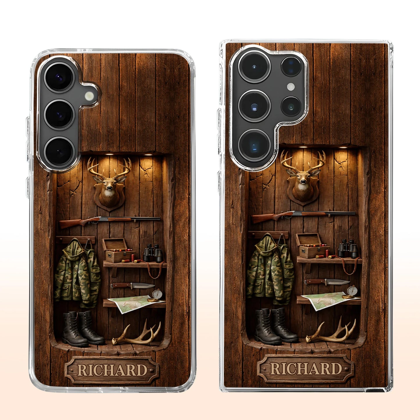 Custom hunting cabin phone case with rustic wood wall, mounted deer head, rifle, camo jacket, and personalized name plate image 9