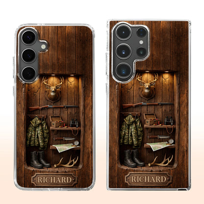 Custom hunting cabin phone case with rustic wood wall, mounted deer head, rifle, camo jacket, and personalized name plate image 9