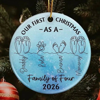 "Our First Christmas As A Family" Personalized Circle Ceramic Ornament - Custom Gift for New Parents