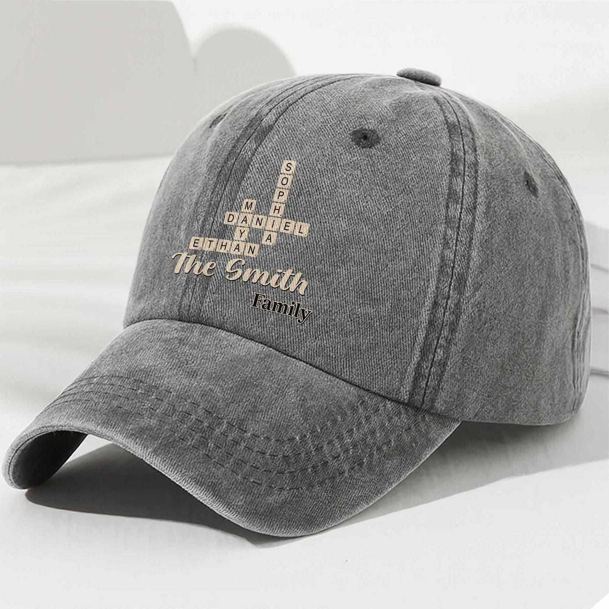 Family Crossword Names Personalized Washed Denim Cap - Reunion Keepsake for Dad & Mom