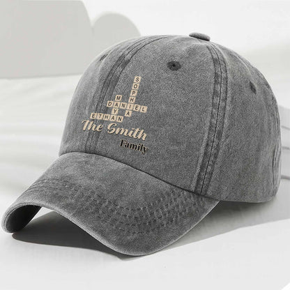 Family Crossword Names Personalized Washed Denim Cap - Reunion Keepsake for Dad & Mom