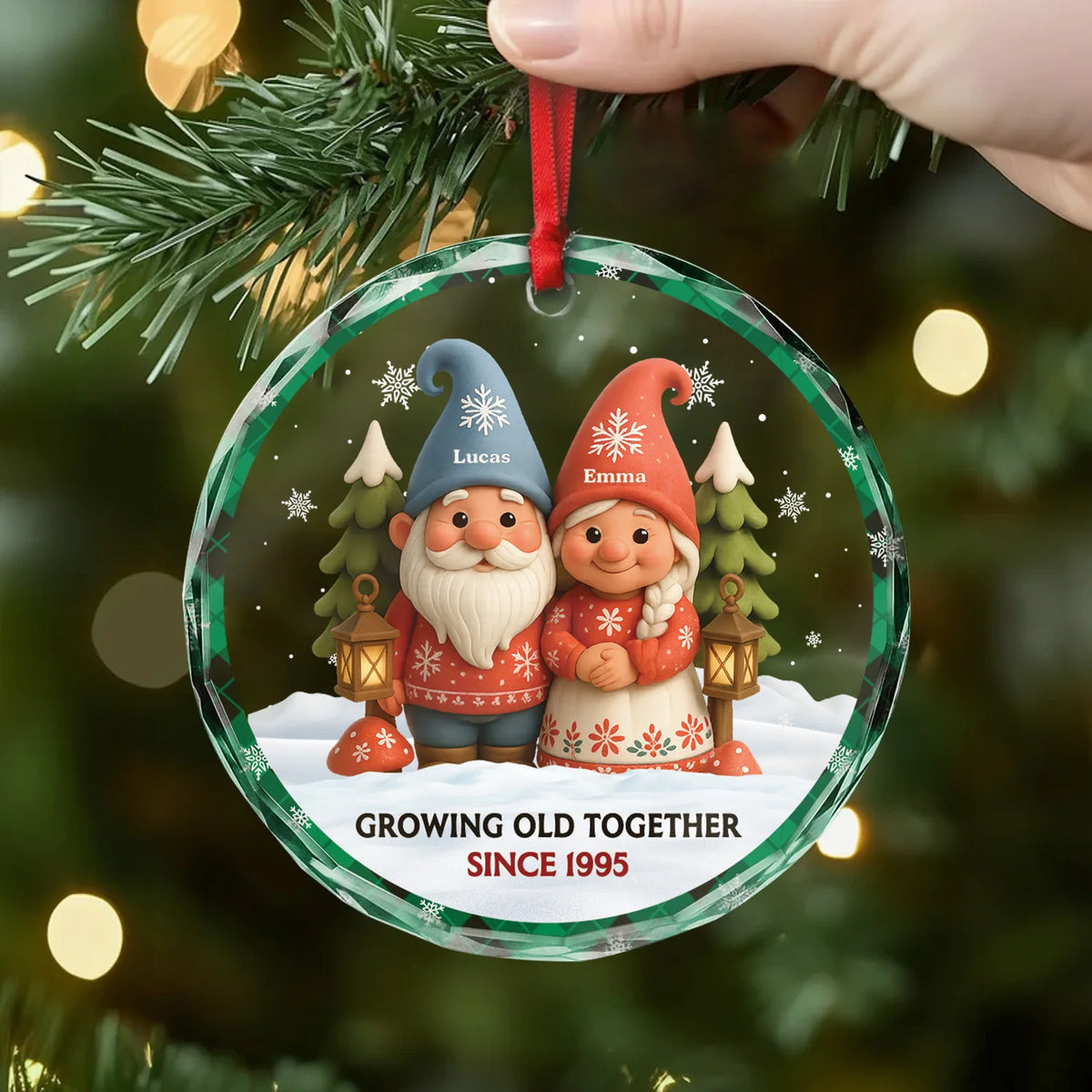 "Growing Old Together" Personalized Gnome Glass Ornament - Custom Christmas Gift for Couples