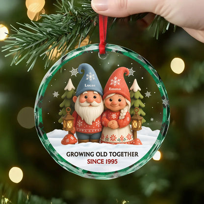 "Growing Old Together" Personalized Gnome Glass Ornament - Custom Christmas Gift for Couples
