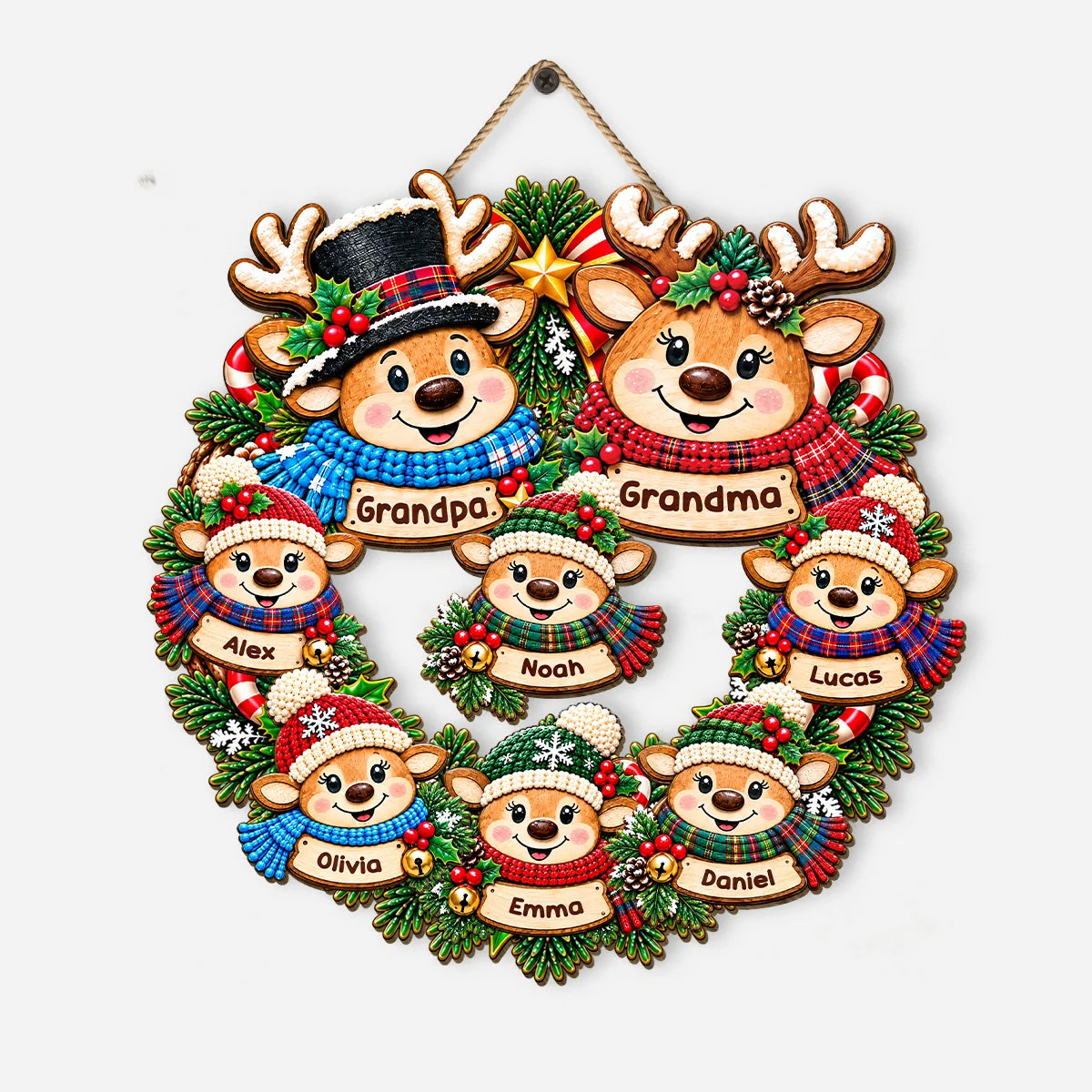 Grandma & Grandpa Reindeer Wreath Personalized Wood Sign - Family Christmas Decor for Grandparents