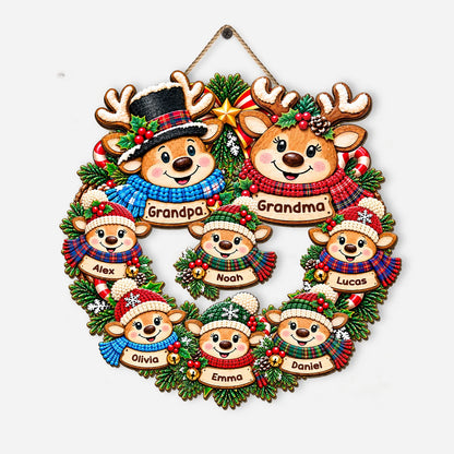 Grandma & Grandpa Reindeer Wreath Personalized Wood Sign - Family Christmas Decor for Grandparents