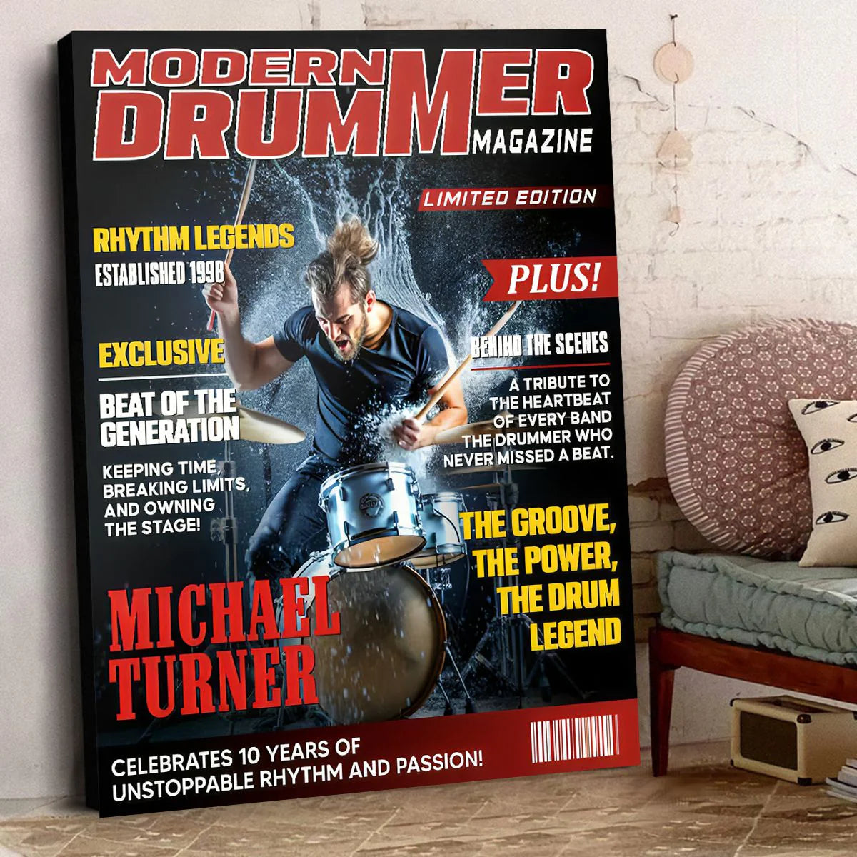 Personalized Modern Drummer magazine cover canvas print featuring a drummer rocking out on stage image 8