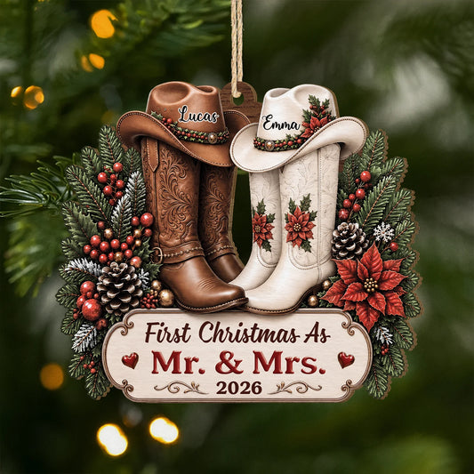 "First Christmas As Mr. & Mrs." Personalized Wooden Ornament - Custom Cowboy Boots Couple Keepsake Gift