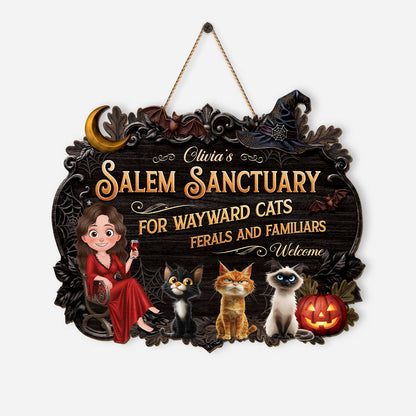 Salem Sanctuary Ferals and Familiars Welcome - Personalized Halloween Wood Sign for Cat Lovers