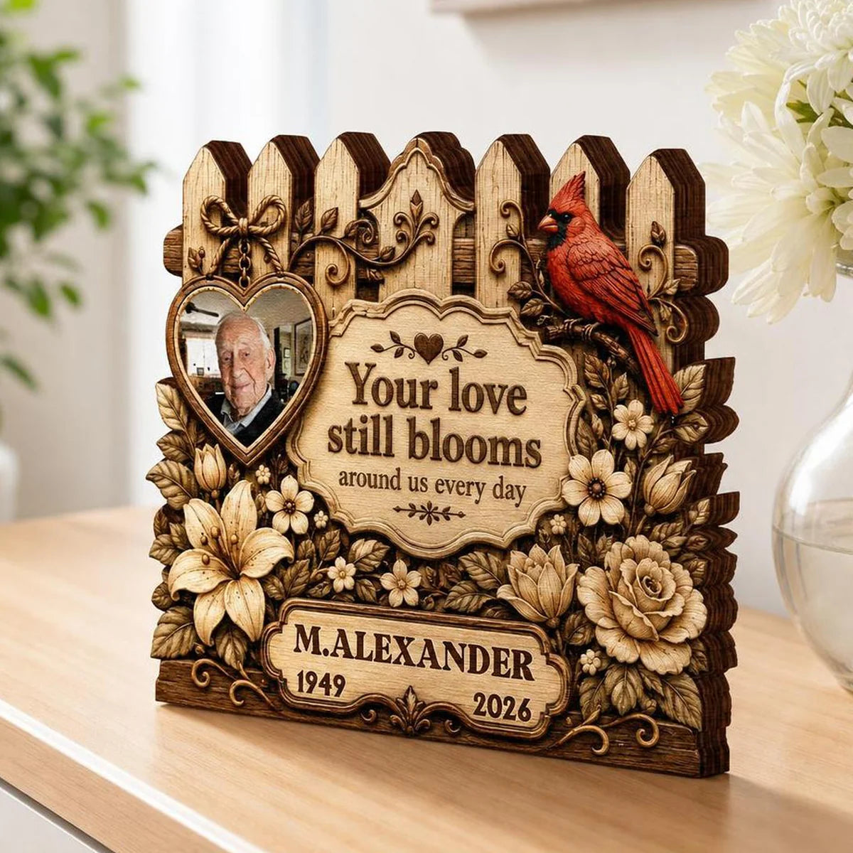 Your Love Still Blooms Personalized Memorial Wooden Block - Custom Photo Bereavement Gift for Family
