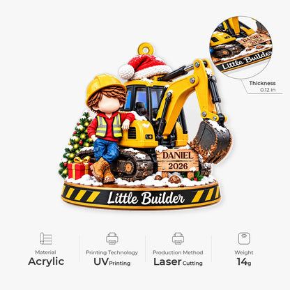 Little Builder Personalized Excavator Acrylic Ornament - Custom Christmas Keepsake Gift for Kids