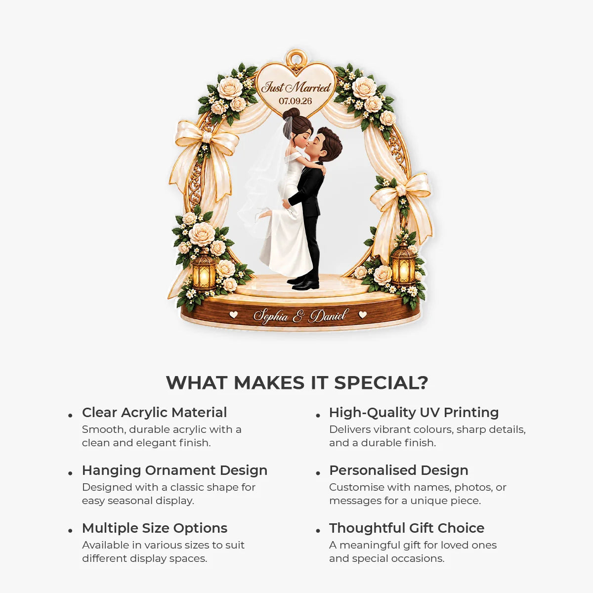 Just Married Personalized Acrylic Ornament - Wedding Keepsake Gift for Bride & Groom