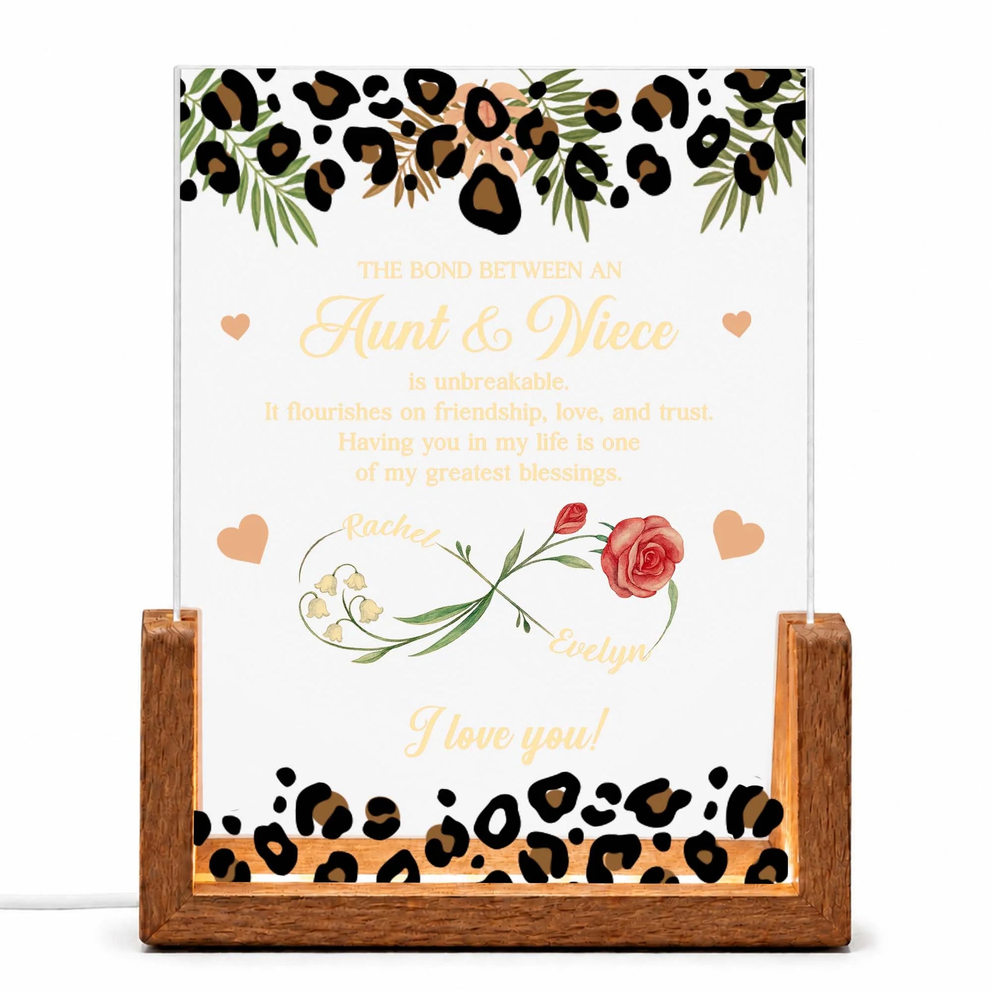 Personalized aunt and niece night light with custom birth flowers and leopard print on a warm LED wooden base image 10