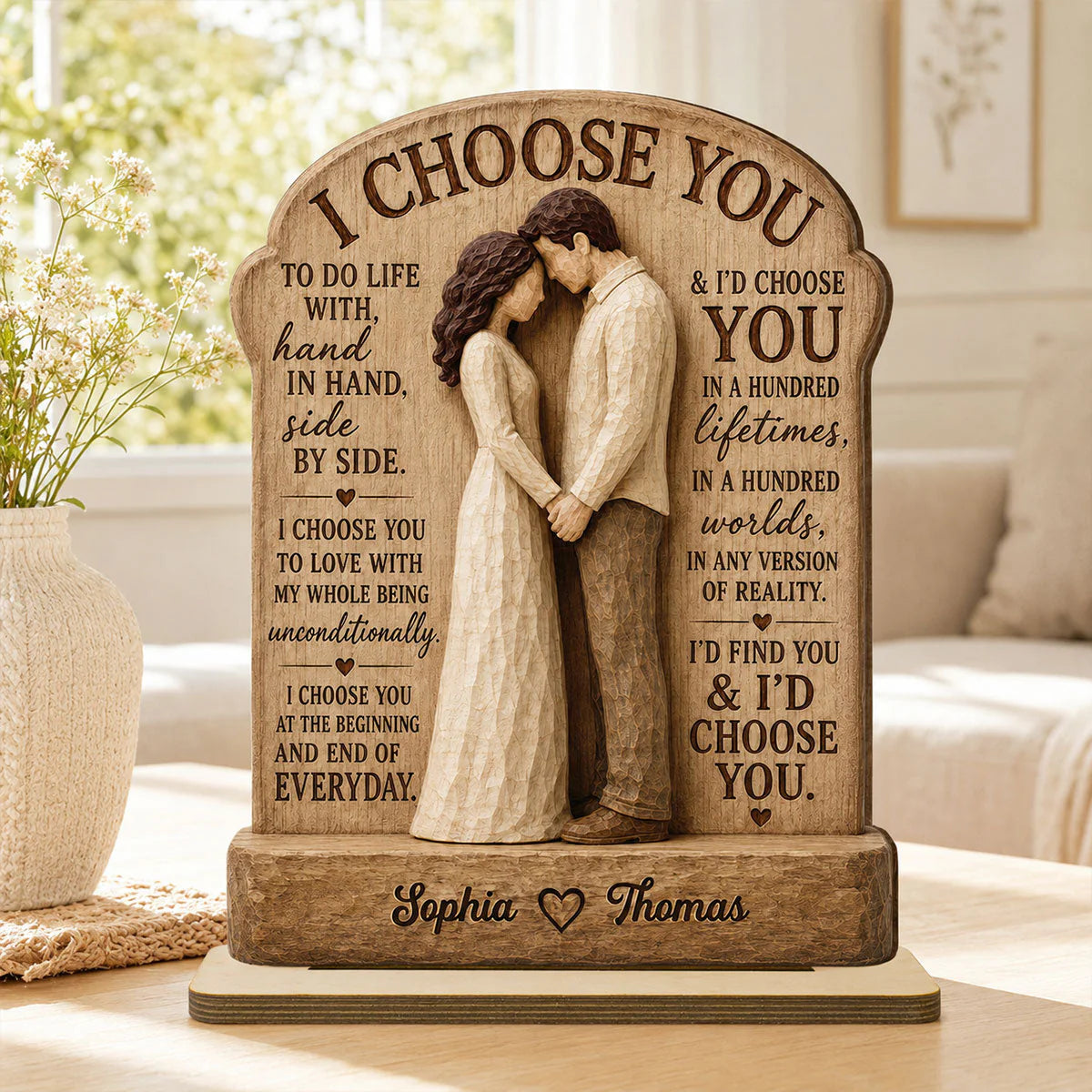 Personalized couple anniversary plaque with custom engraved names Sophia and Thomas and romantic vows