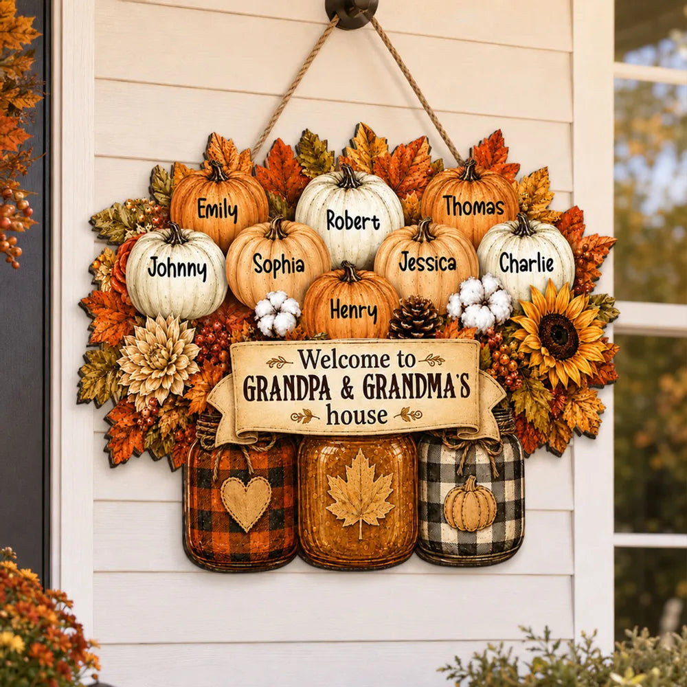 "Welcome To Grandpa & Grandma's House" Personalized Fall Wood Sign - Custom Gift for Grandparents