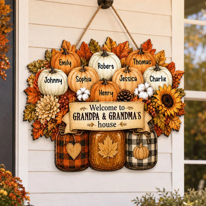 "Welcome To Grandpa & Grandma's House" Personalized Fall Wood Sign - Custom Gift for Grandparents