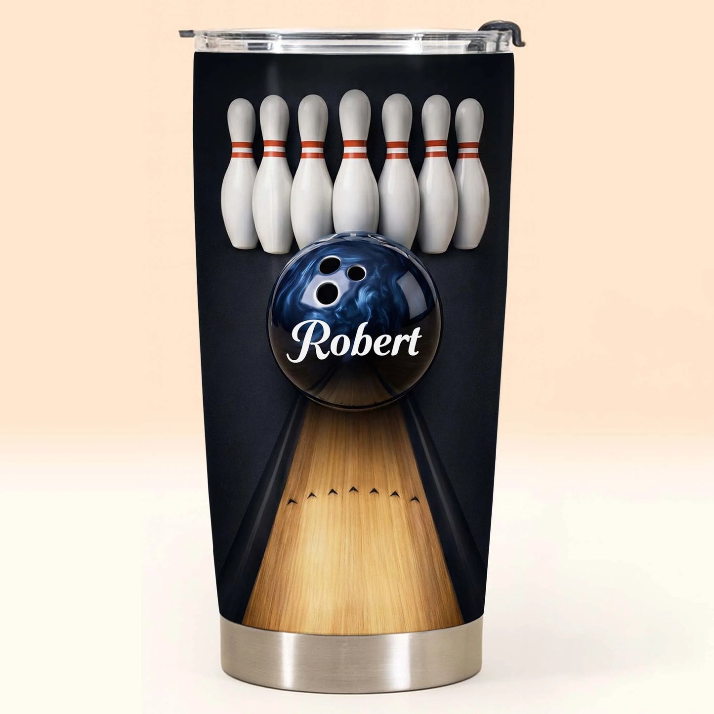 Personalized bowling tumbler with a custom name printed on a blue bowling ball with bowling pins and lane image 7