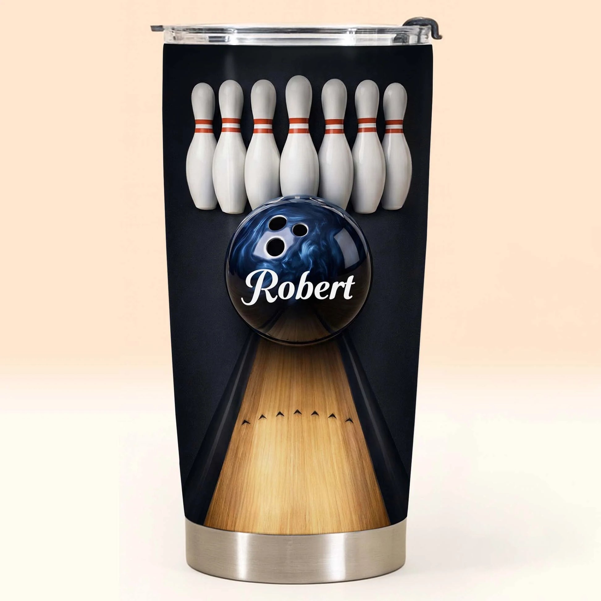 Personalized bowling tumbler with a custom name printed on a blue bowling ball with bowling pins and lane image 7