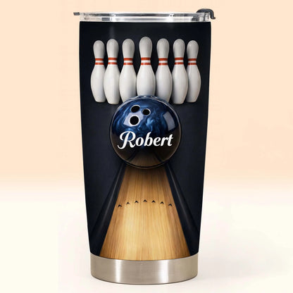 Personalized bowling tumbler with a custom name printed on a blue bowling ball with bowling pins and lane image 7