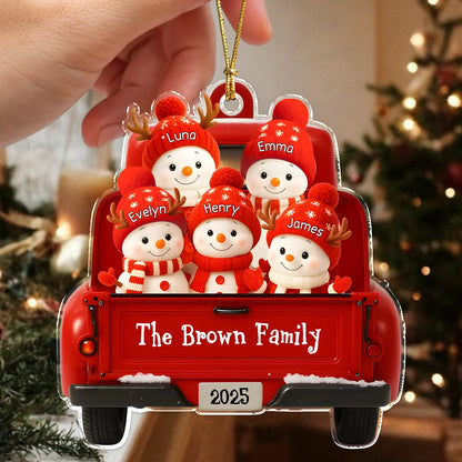 Personalized Snowman Family Red Truck Ornament - Custom Christmas Acrylic Keepsake for Family