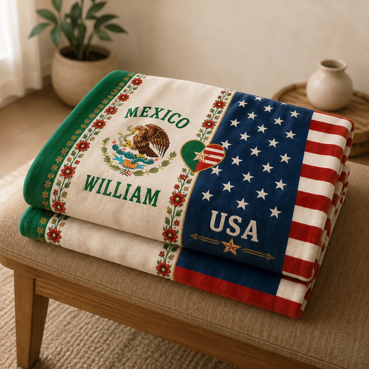 Personalized Mexican American Flag Blanket - Custom Patriotic Gift for Family